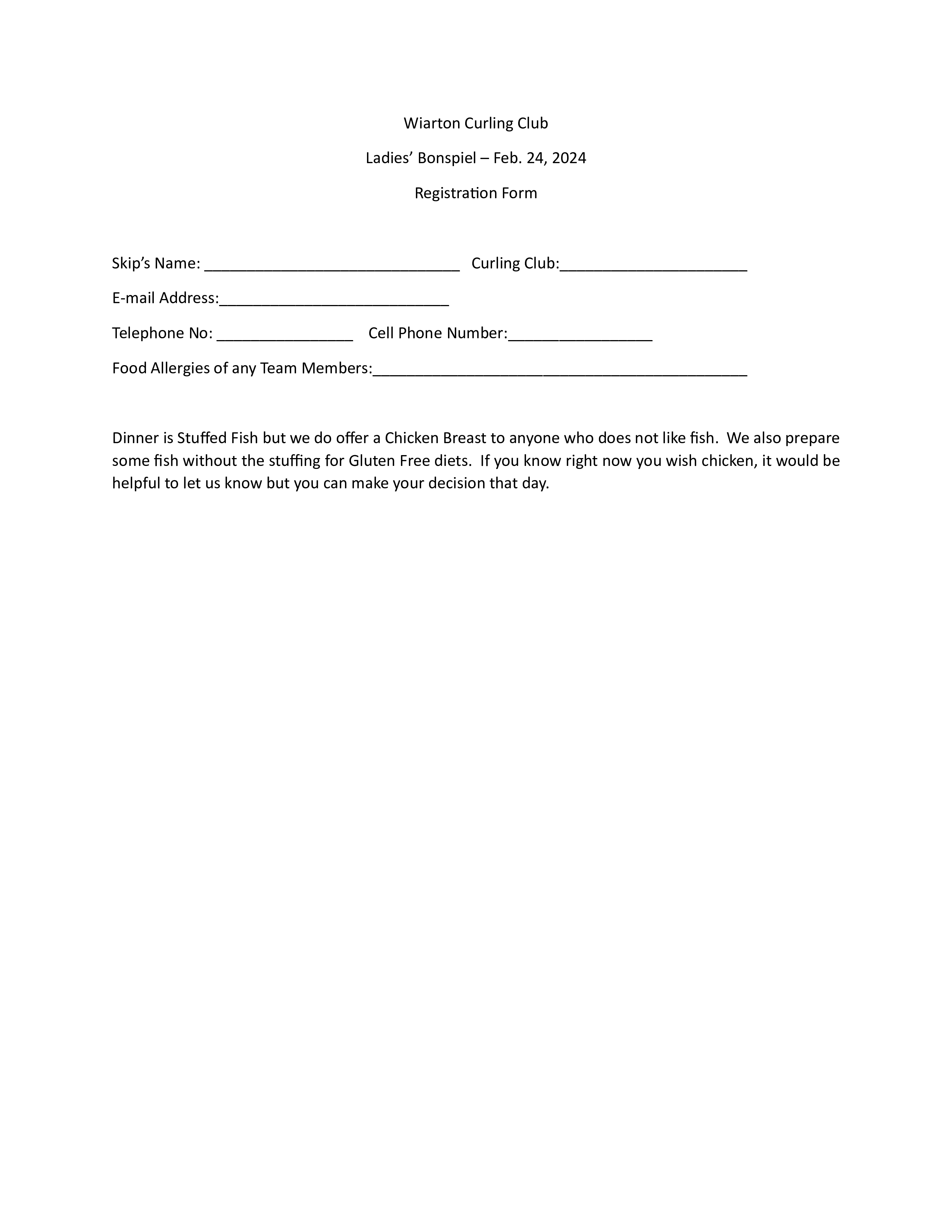 Ladies Bonspiel Registration Form